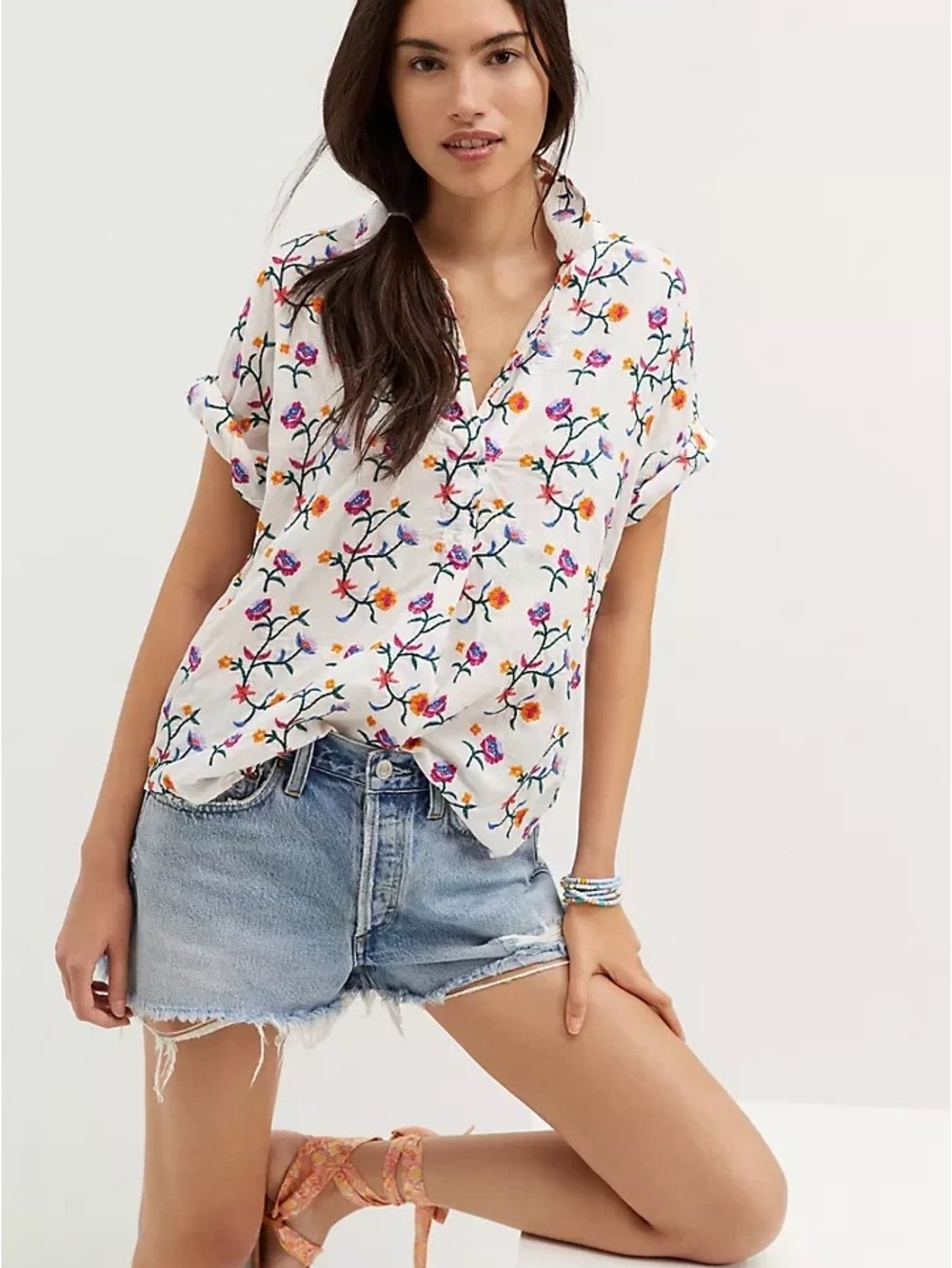 Anthropologie Pilcro Flower Embroidered Button Down Shirt Small Boho Oversized